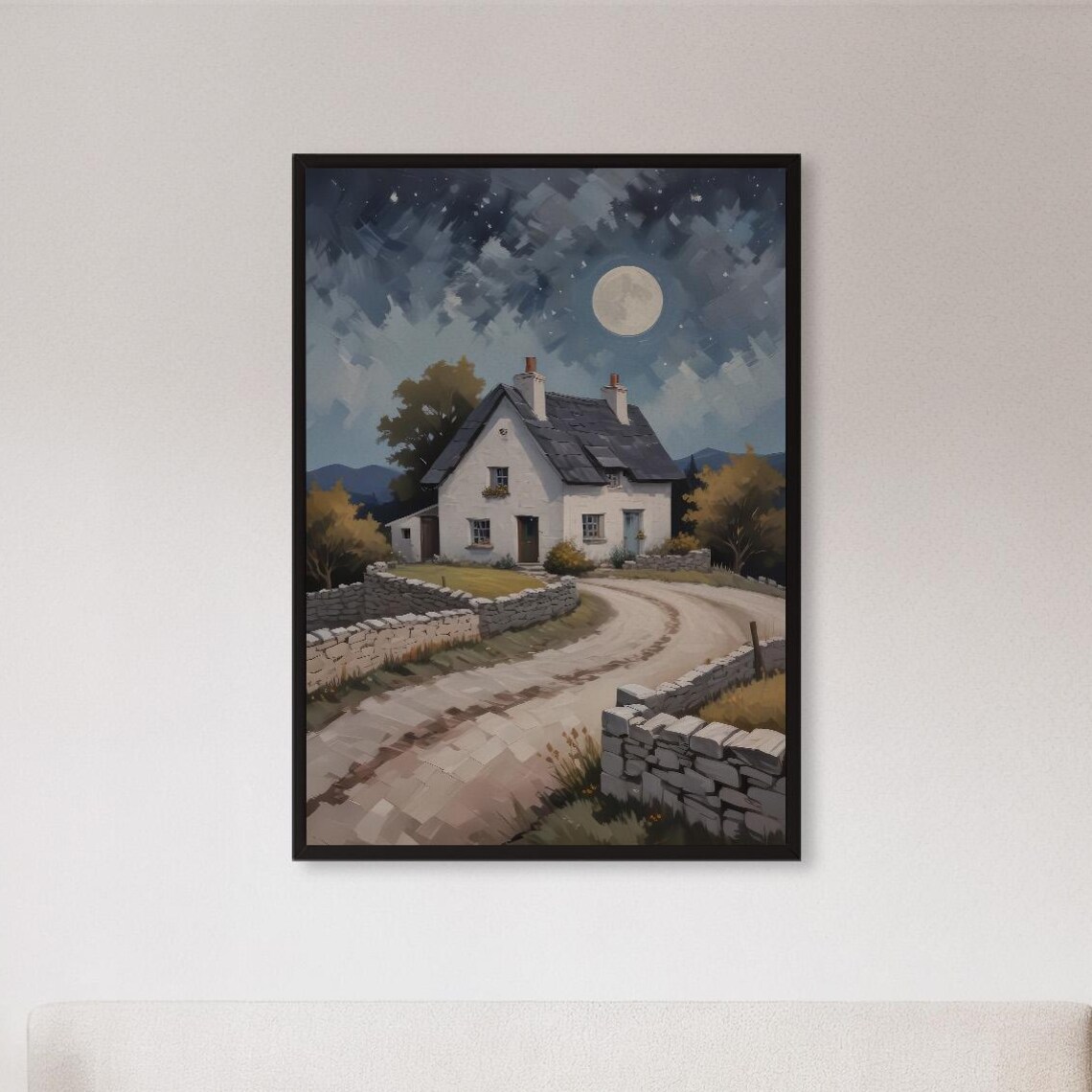 Moonlit Stone Cottage Night Country Road Serene Rustic Art Poster