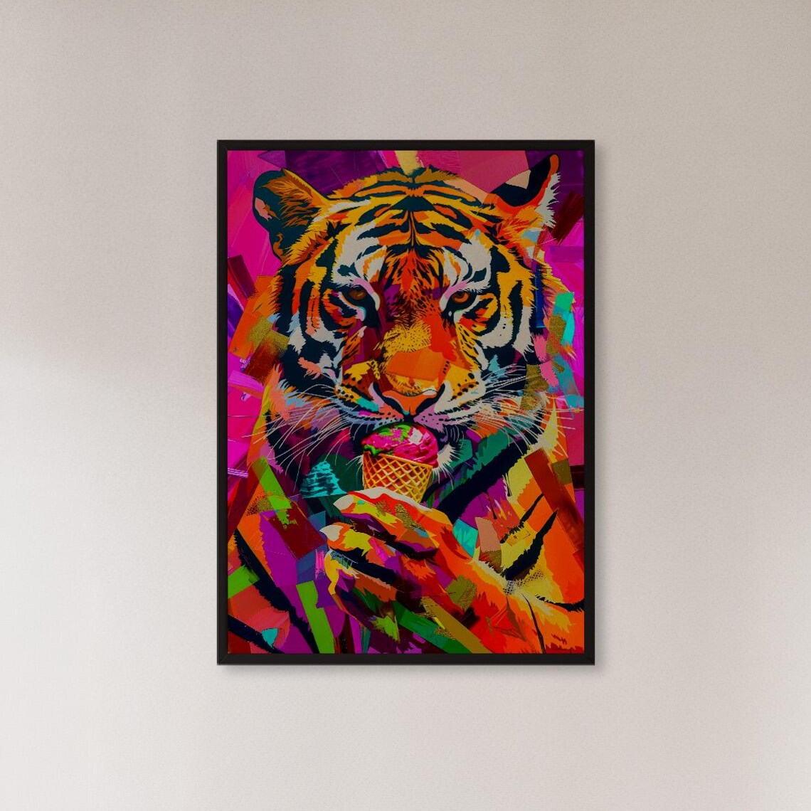 Colorful Pop Art Tiger Eating Ice Cream Cone Funny Wildlife Poster