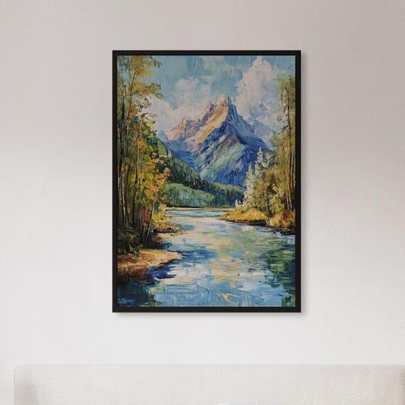 Framed Mountain River Wall Art Print Serene Nature Landscape Poster With Trees And Peaks Scenic Gift For Cabin Office Or Calm Home Decor