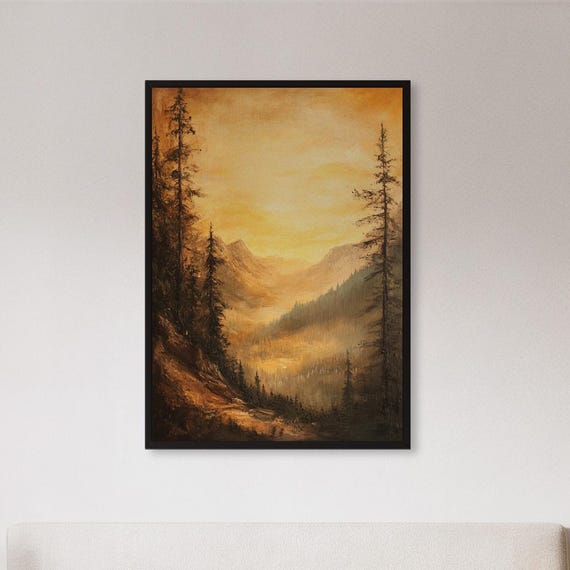 Framed Golden Mountain Wall Art Print Sunset Valley Landscape Poster Warm Nature Painting Gift For Rustic Cabin Timeless Adventure Decor
