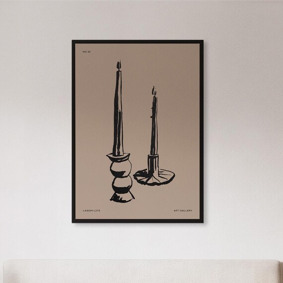 Framed Minimalist Candle Holder Line Art Print Black And Beige Lagom Home Wall Poster Cozy Scandinavian Gift For Calm Decor Interiors