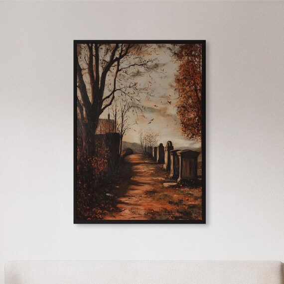 Autumn Cemetery Path with Stone Graves Fall Landscape Painting Poster