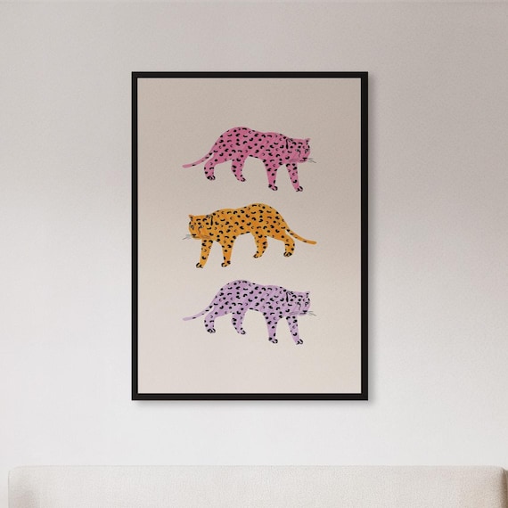 Colorful Pink Orange Lilac Leopard Trio Art Poster for Kids Rooms