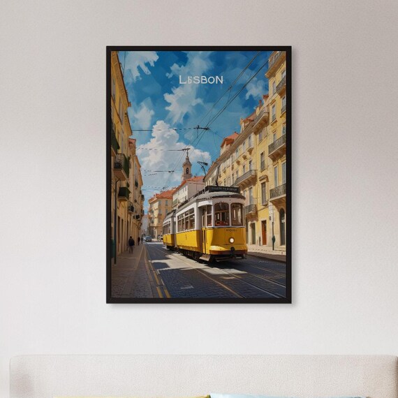 Lisbon Yellow Tram Street Scene Portugal Vintage Travel Poster