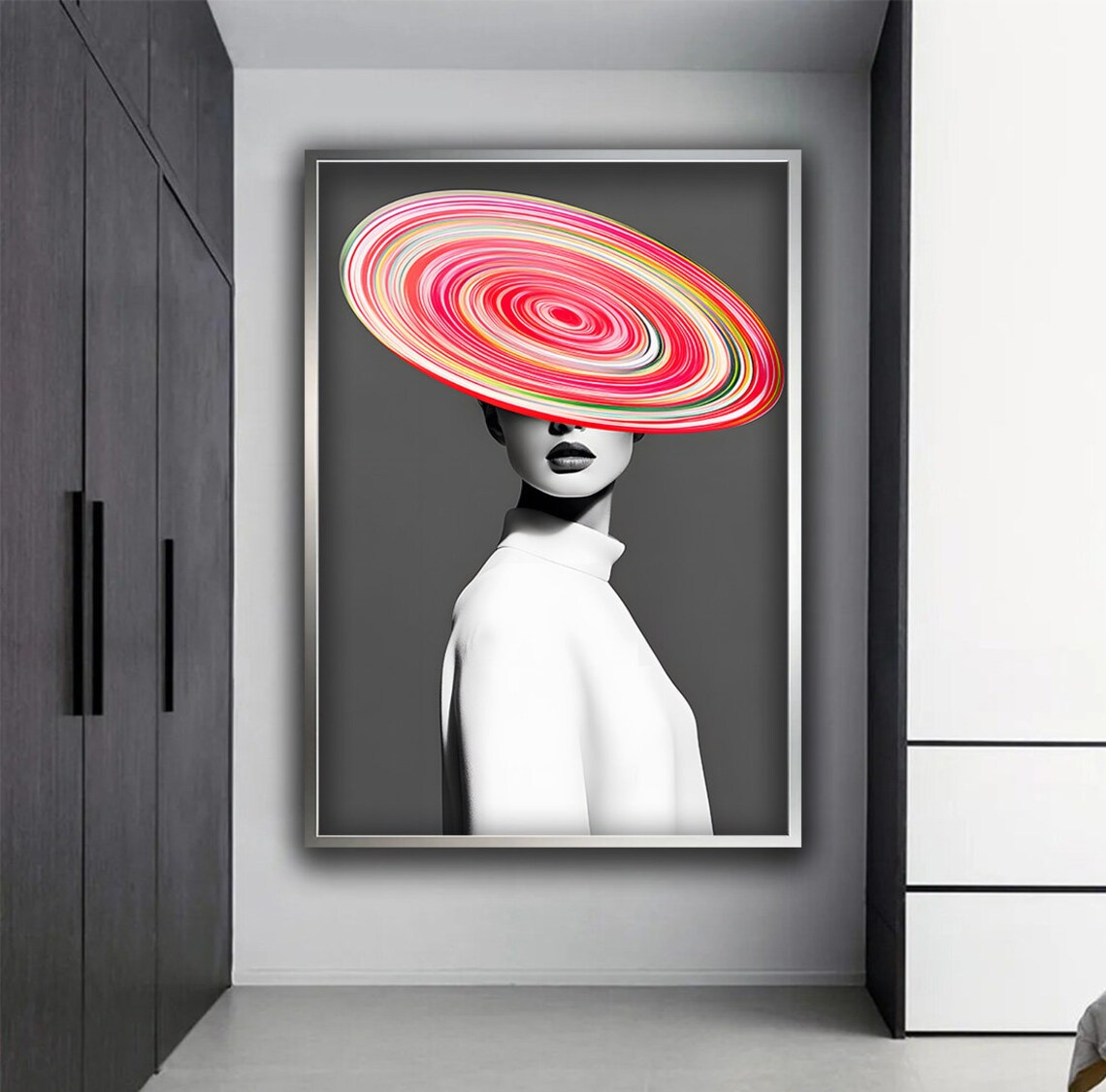 Fashion Woman With Colorful Spiral Rainbow Hat Black White Chic Poster - Image 2