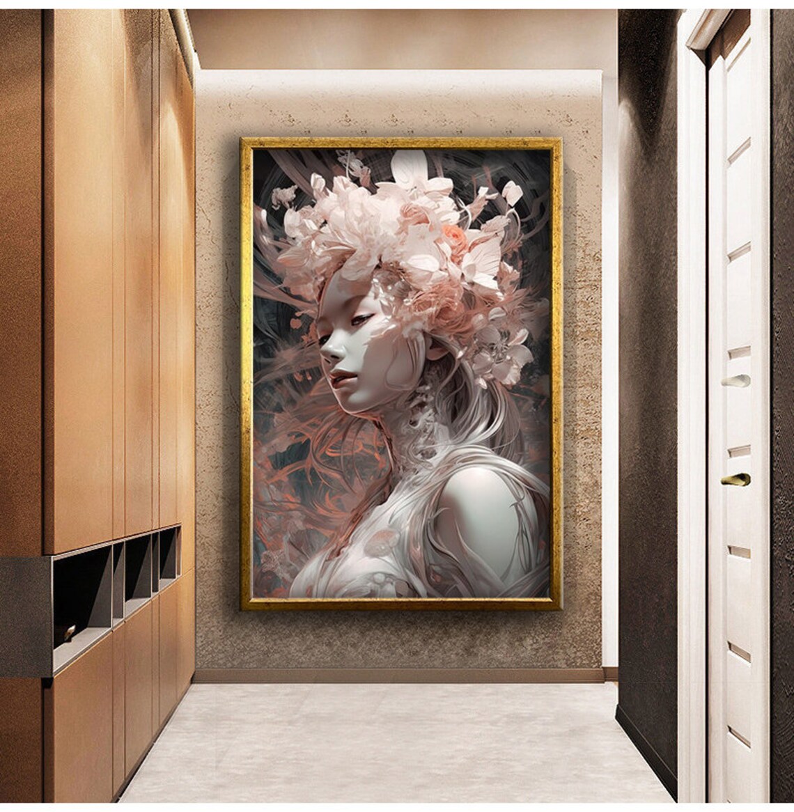 Pink Blossom Hair Woman Portrait Dark Floral Fantasy Art Poster