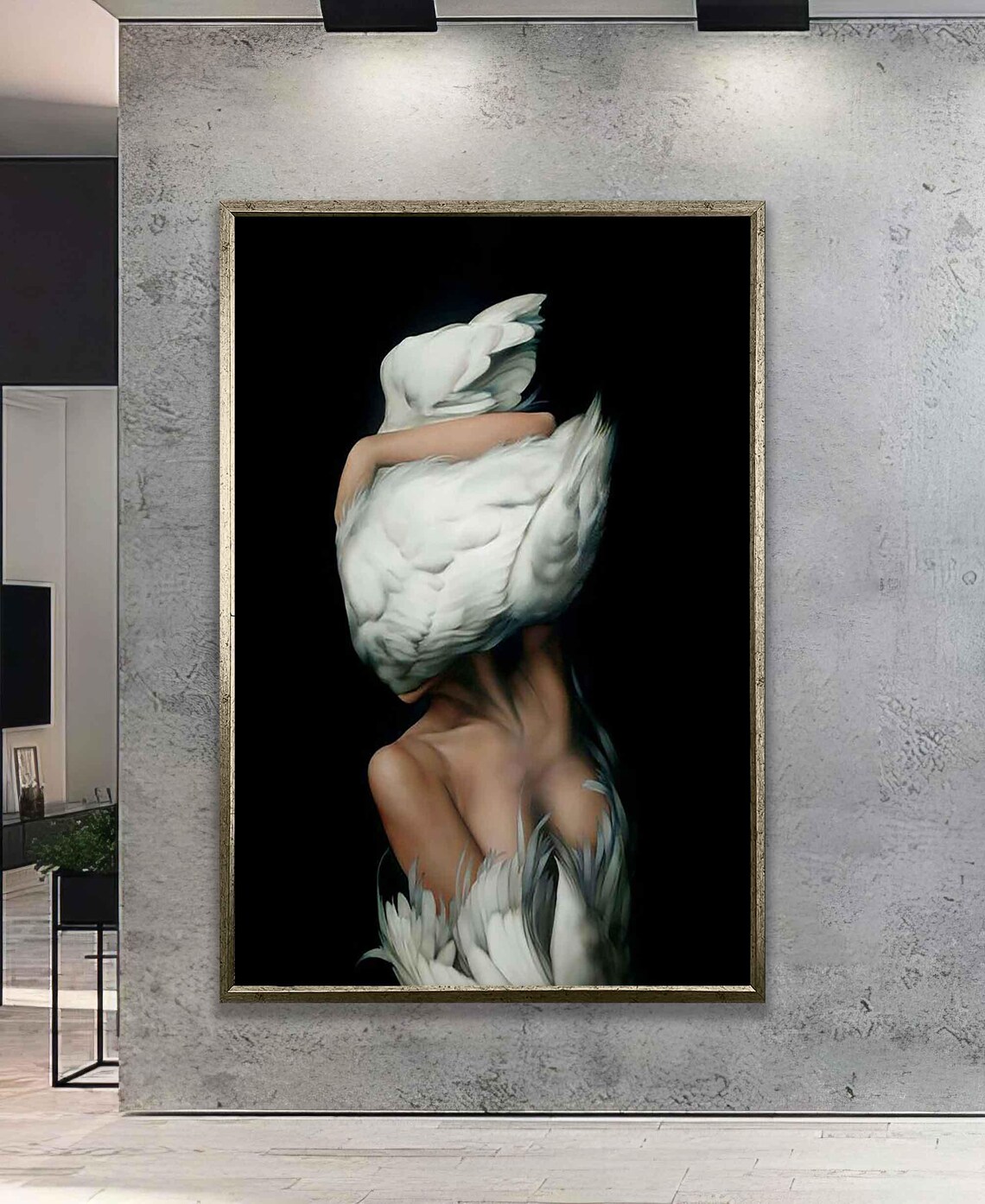 Woman With White Swan Painting Surreal Feathers Dream Art Wall Poster - Image 3