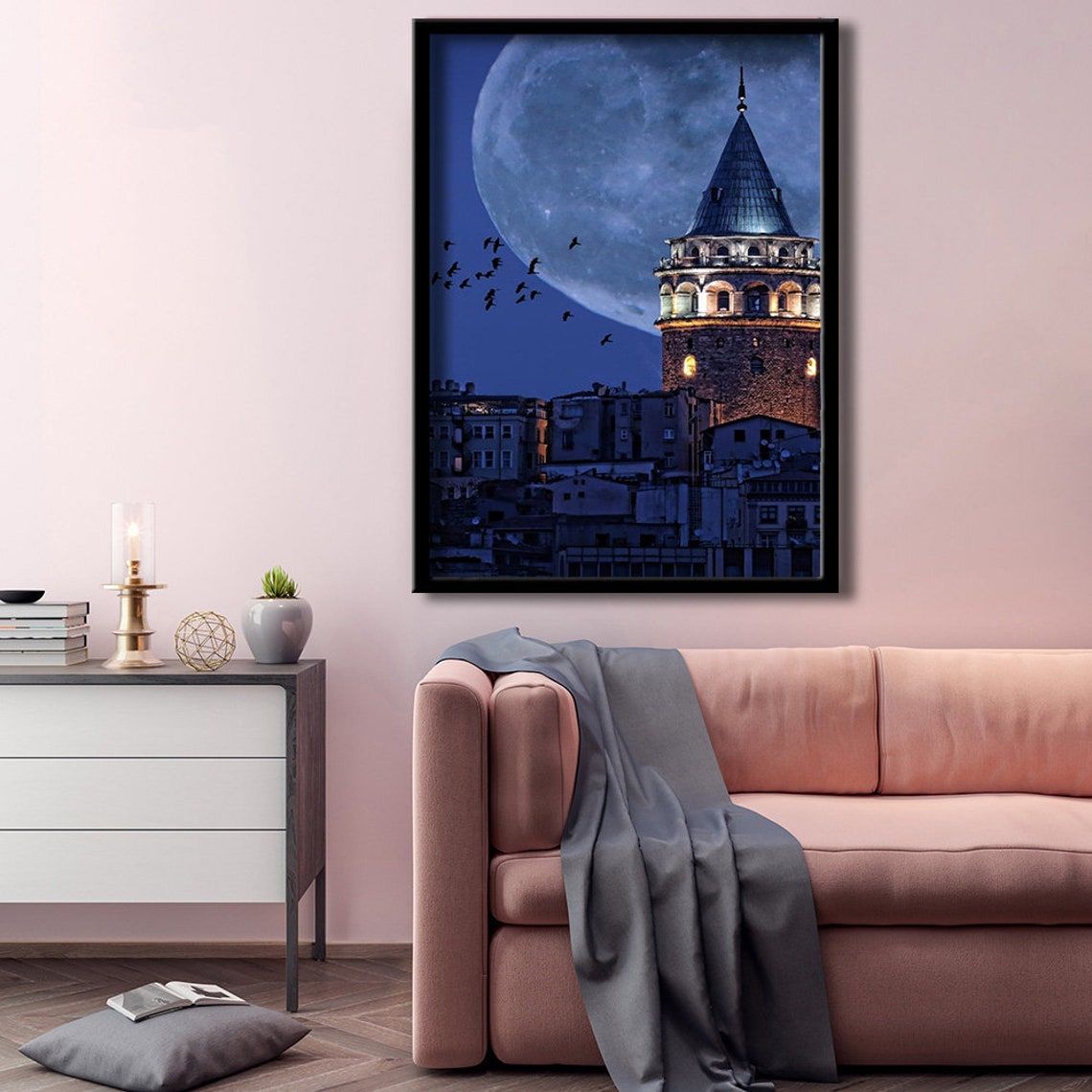 Istanbul Turkey Galata Tower Giant Full Moon Night Sky Poster - Image 3