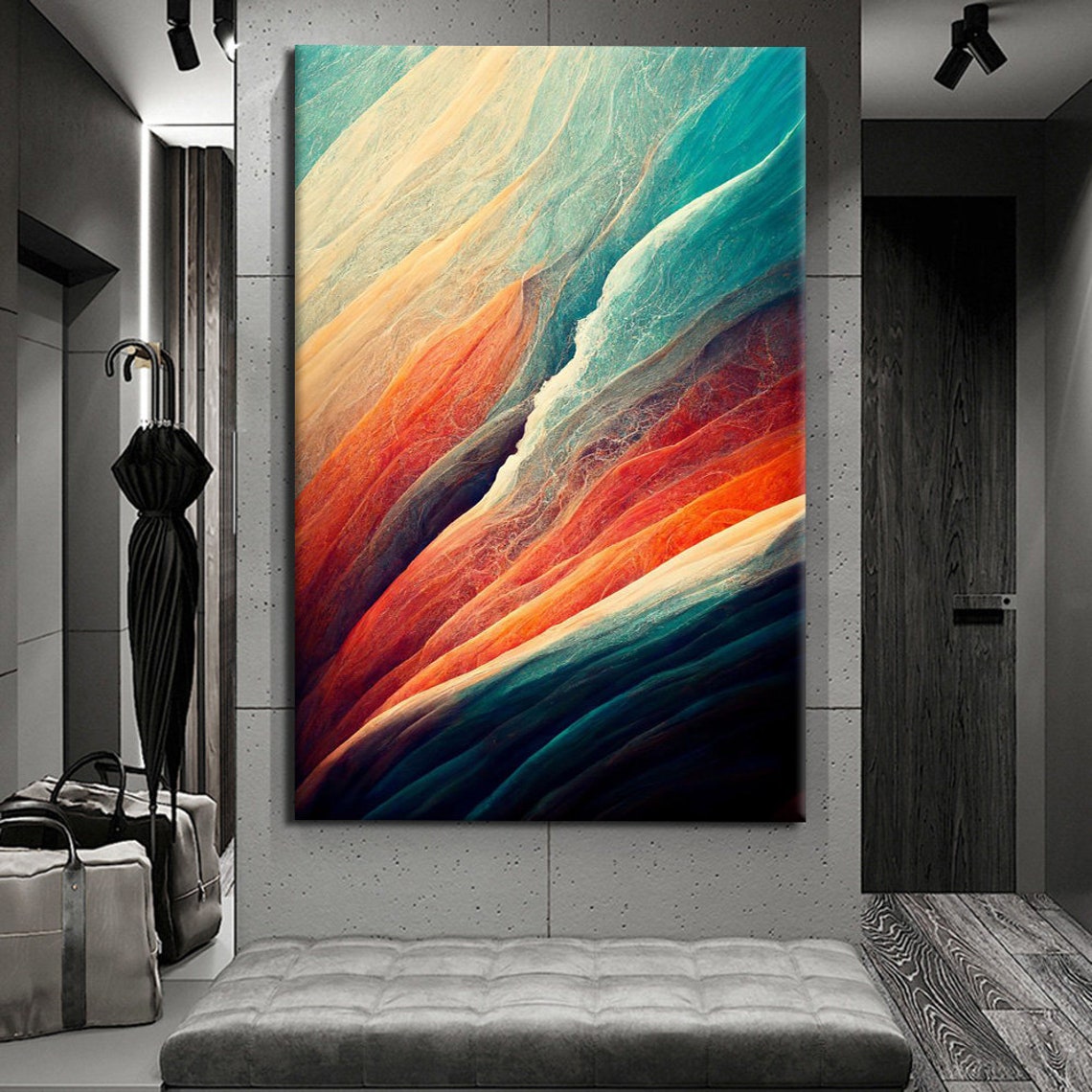 Abstract Flowing Waves Teal Orange Coral Modern Art Wall Print - Image 4