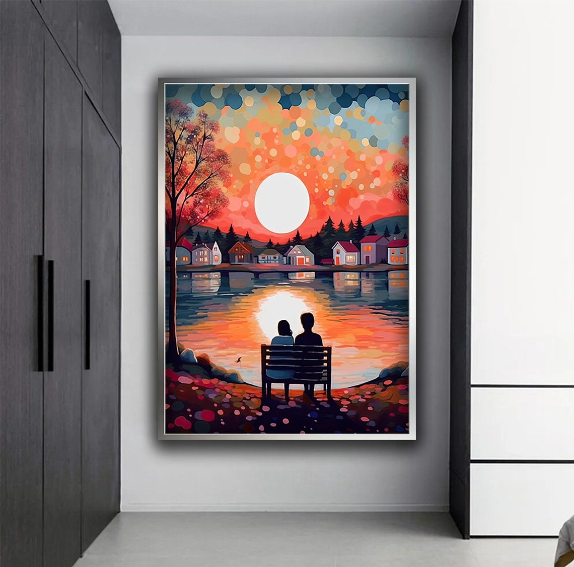 Romantic Couple On Bench Lakeside Sunset Village Silhouette Poster - Image 4