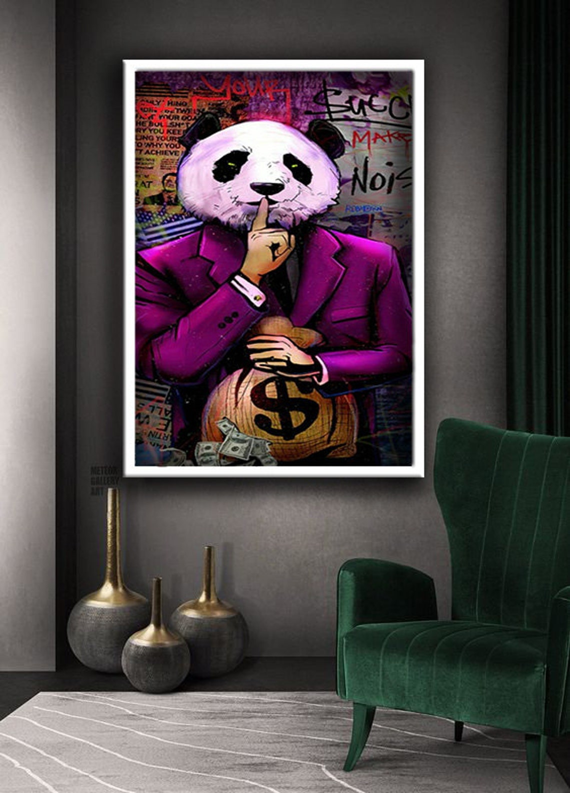 Pop Art Panda In Purple Suit Money Bag Shush Street Art Poster - Image 2