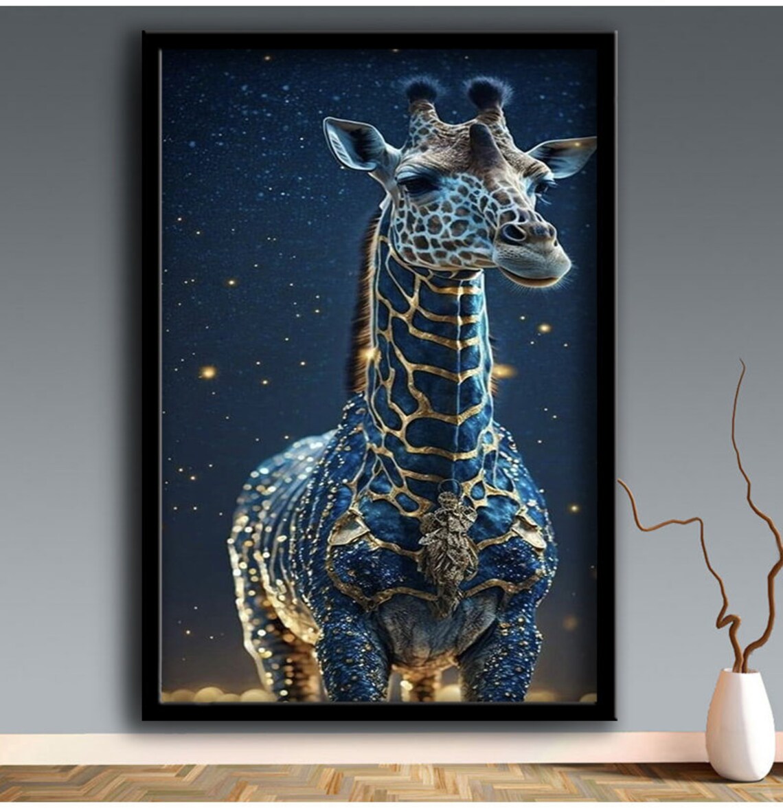 Giraffe Gold Blue Cosmic Starry Night Magical Celestial Animal Wall Poster - Image 2