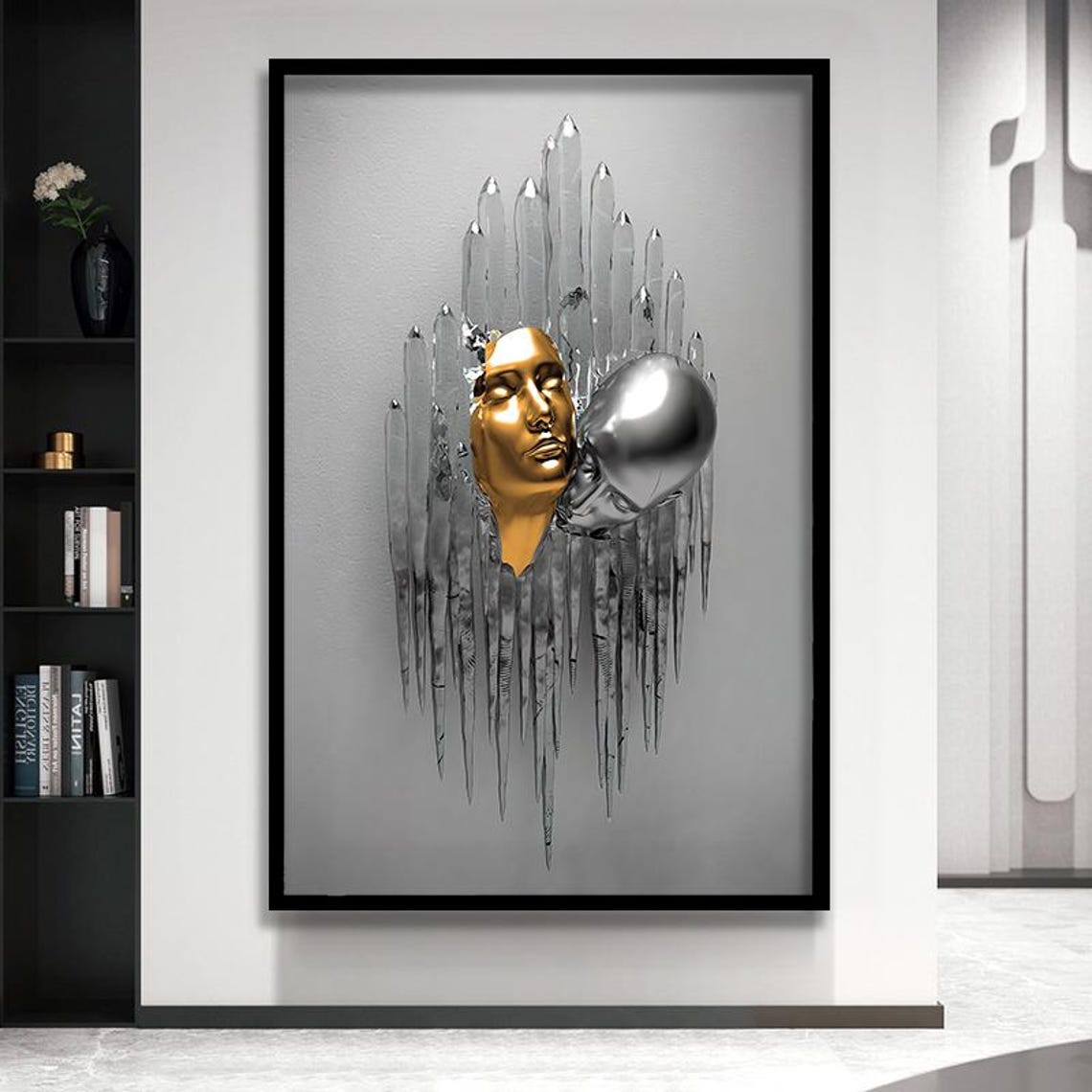 Golden Silver Couple Kissing 3D Statue Abstract Modern Love Art Poster - Image 3