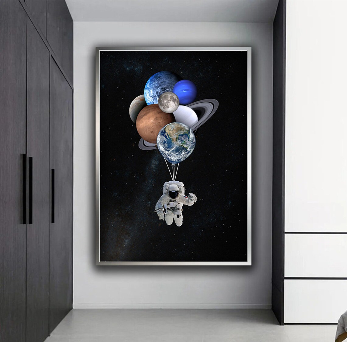 Astronaut Holding Planet Balloons Painting Space Fantasy Art Wall Poster - Image 4