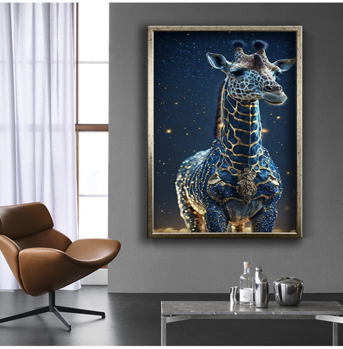 Giraffe Gold Blue Cosmic Starry Night Magical Celestial Animal Wall Poster - Image 4