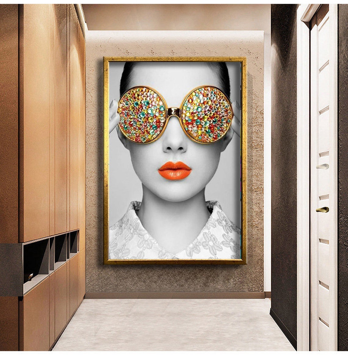 Woman Glitter Sunglasses Orange Lips Black White Fashion Wall Poster