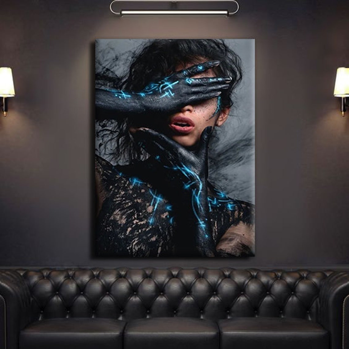 Woman Black Paint Hands Blue Glow Surreal Dark Portrait Art Print - Image 4