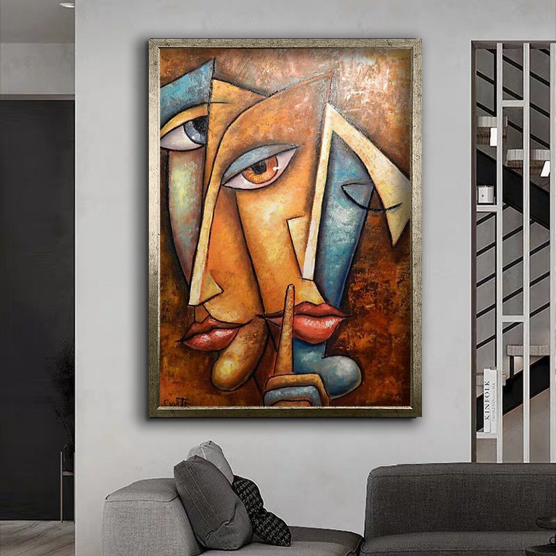Cubist Abstract Woman Face Painting Silence Gesture Modern Art Wall Poster - Image 4