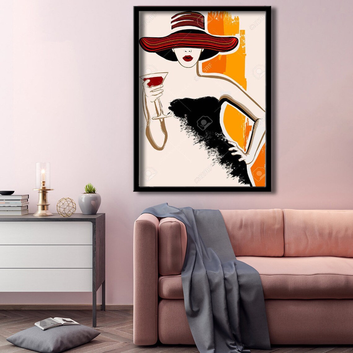 Elegant Woman Red Sun Hat Cocktail Fashion Illustration Wall Poster - Image 2