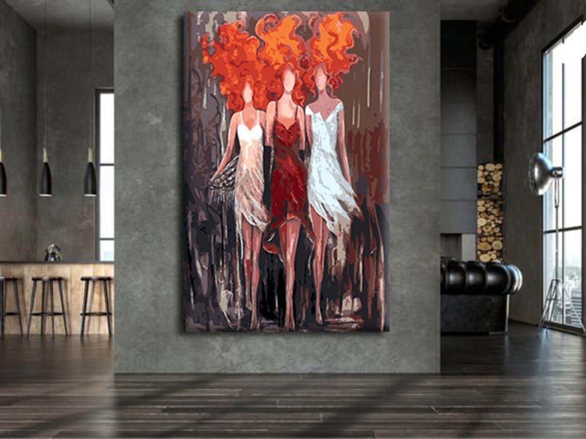 Three Women Fiery Red Hair Elegant Dresses Friendship Art Print - Image 3