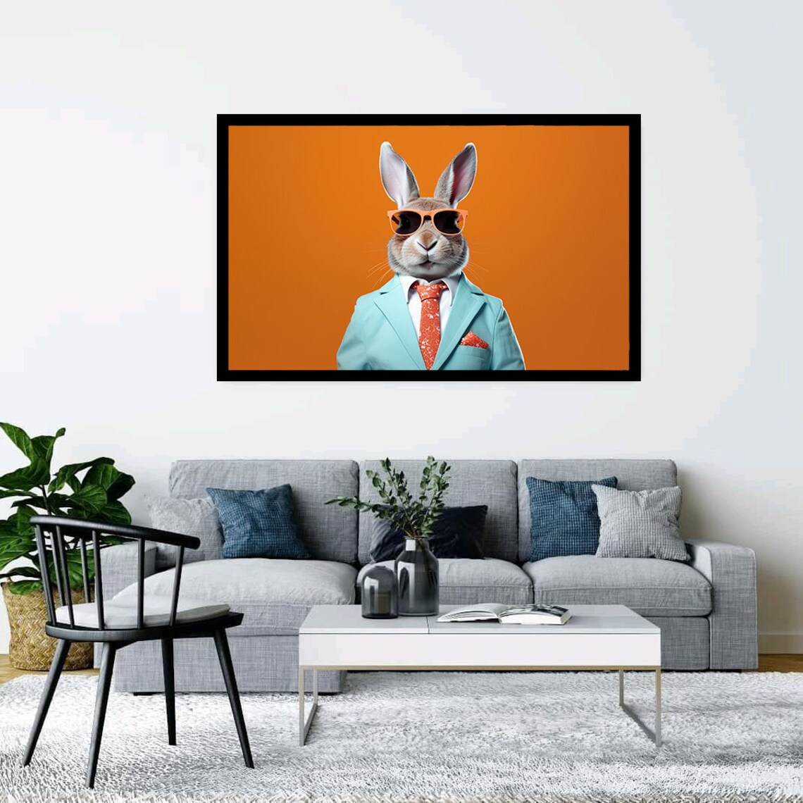 Funny Rabbit In Sunglasses Teal Suit Orange Background Business Bunny Art Poster - Image 2