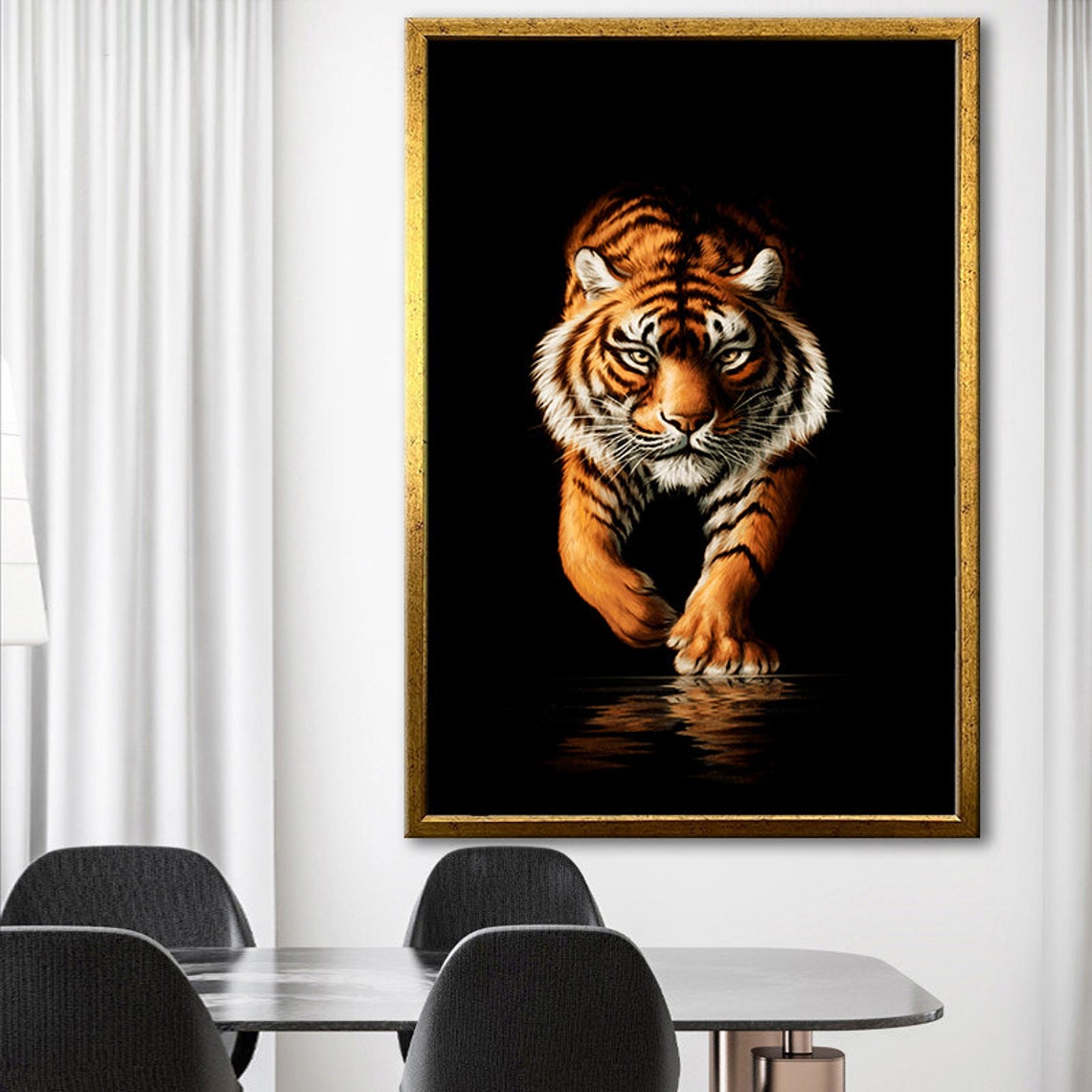 Tiger Emerging Darkness Prowling Realistic Black Background Poster - Image 2