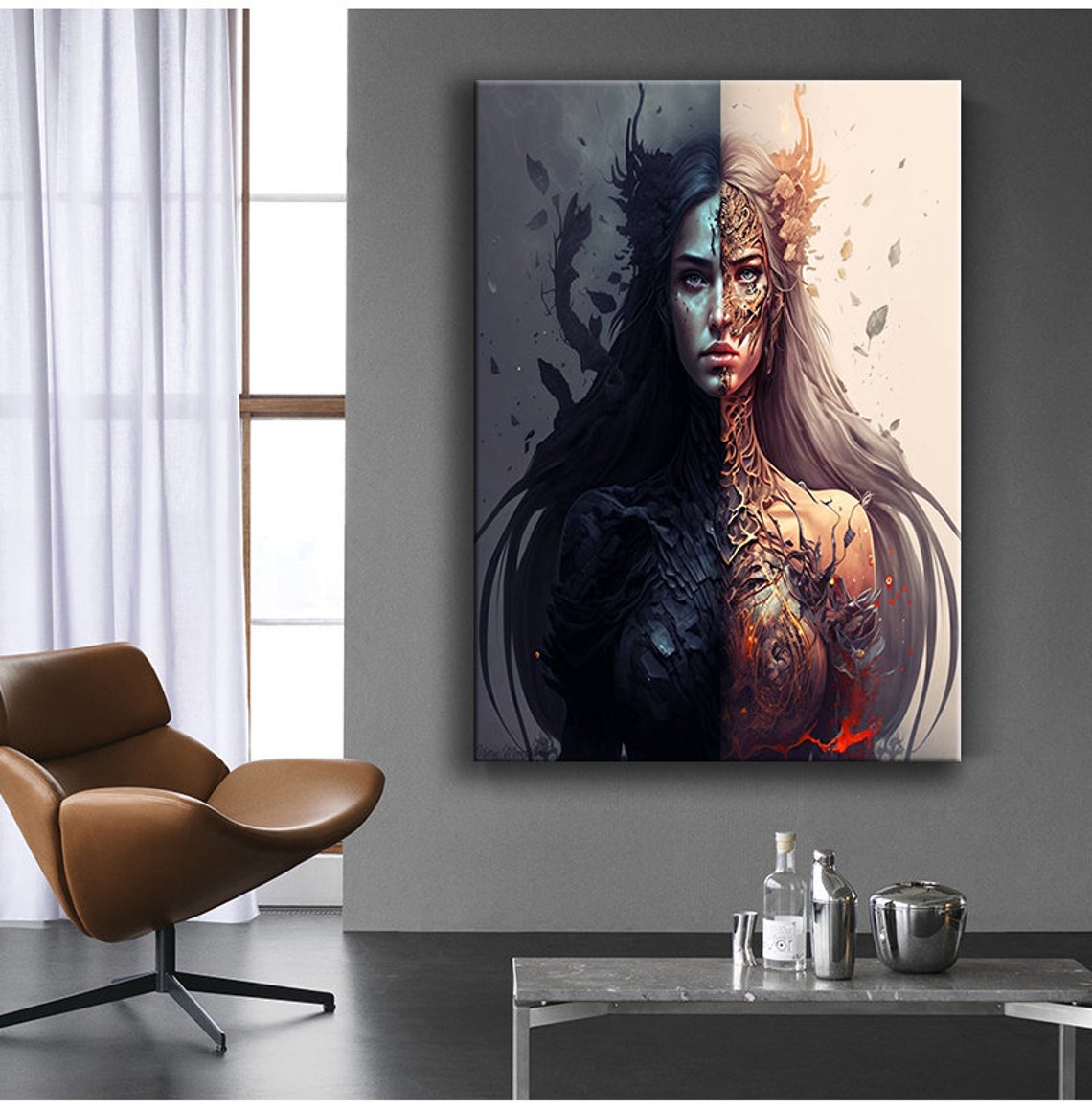 Split Face Dark And Light Woman Warrior Duality Fantasy Art Poster - Image 2