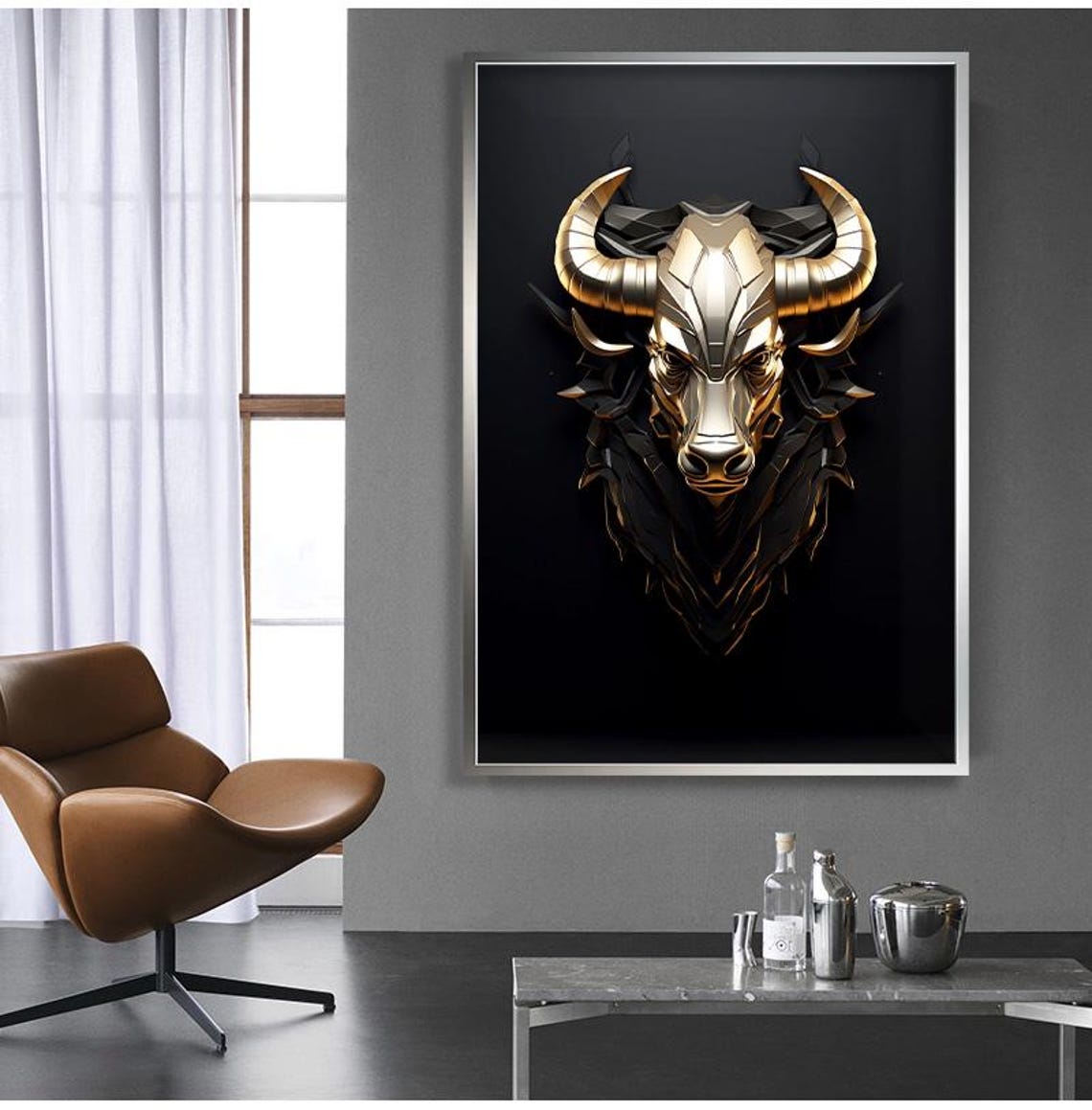 Angry 3D Golden Bull Head Geometric Black Gold Modern Wall Poster - Image 2