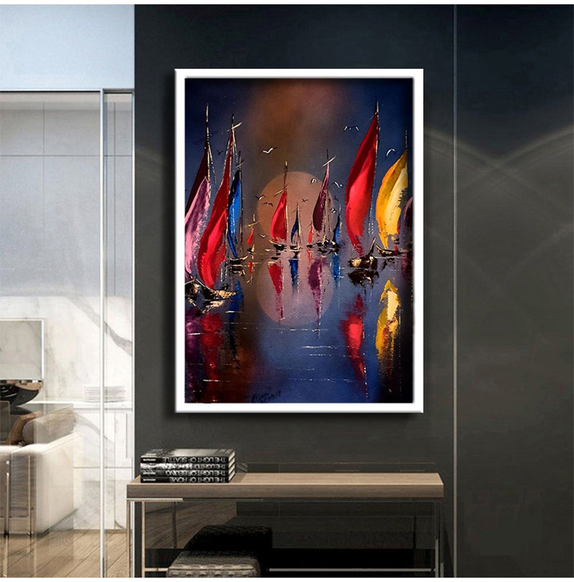 Sailing Ships Full Moon Night Colorful Sails Seascape Painting Poster - Image 3