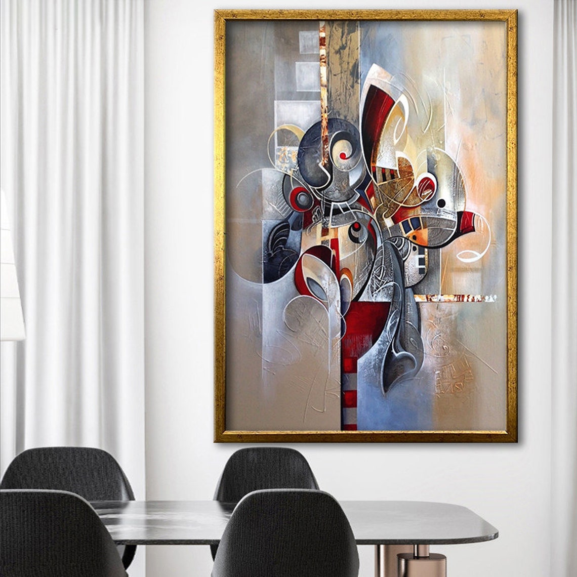 Abstract Geometric Red Gray Modern Art Cubist Style Wall Poster - Image 4