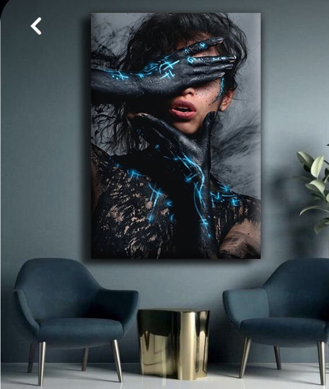Woman Black Paint Hands Blue Glow Surreal Dark Portrait Art Print - Image 3