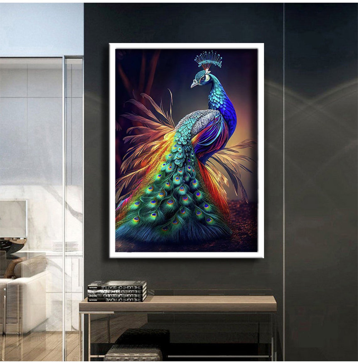 Rainbow Peacock Full Plumage Standing Colorful Bird Art Poster - Image 3