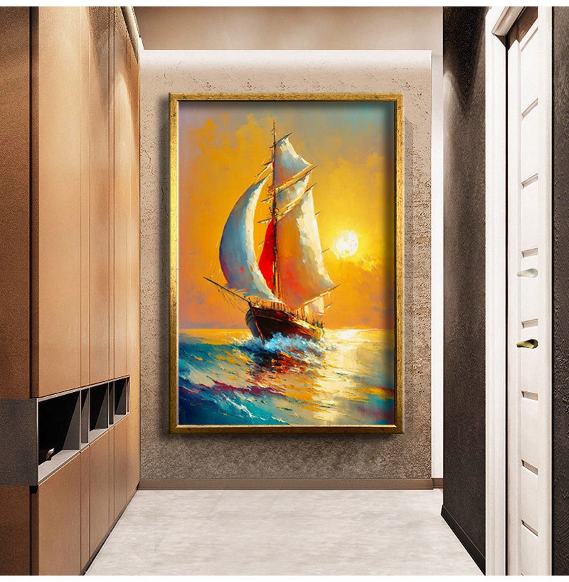 Tall Sailing Ship Golden Sunset Ocean Voyage Oil Style Poster