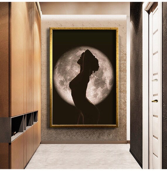 Nude Woman Silhouette Full Moon Night Dance Elegant Art Poster