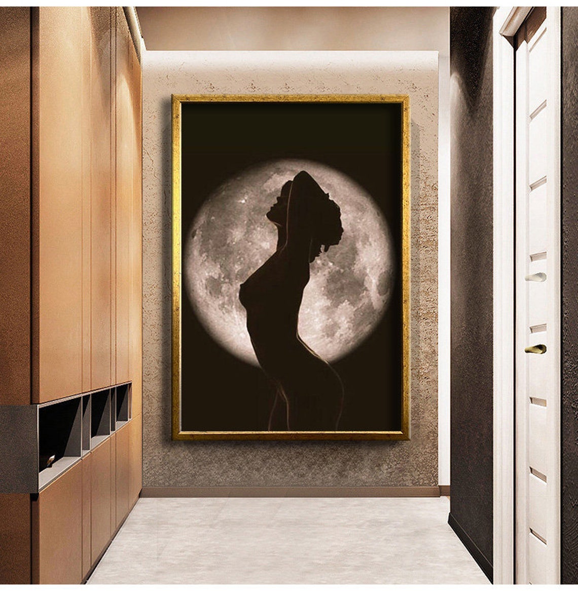 Nude Woman Silhouette Full Moon Night Dance Elegant Art Poster