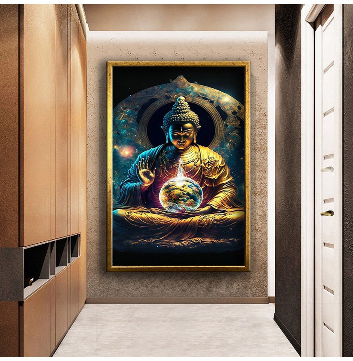 Golden Buddha Holding Glowing Earth Cosmic Galaxy Spiritual Zen Art Poster