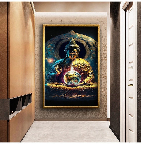 Golden Buddha And World Print Home Decor Wall Art Ready To Hang Painting Gift Print Home Decor