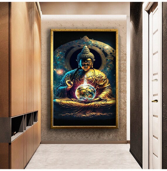 Golden Buddha Holding Glowing Earth Cosmic Galaxy Spiritual Zen Art Poster