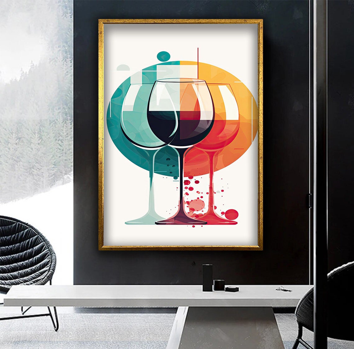 Abstract Wine Glasses Teal Orange Modern Kitchen Decor Art Poster - Image 4
