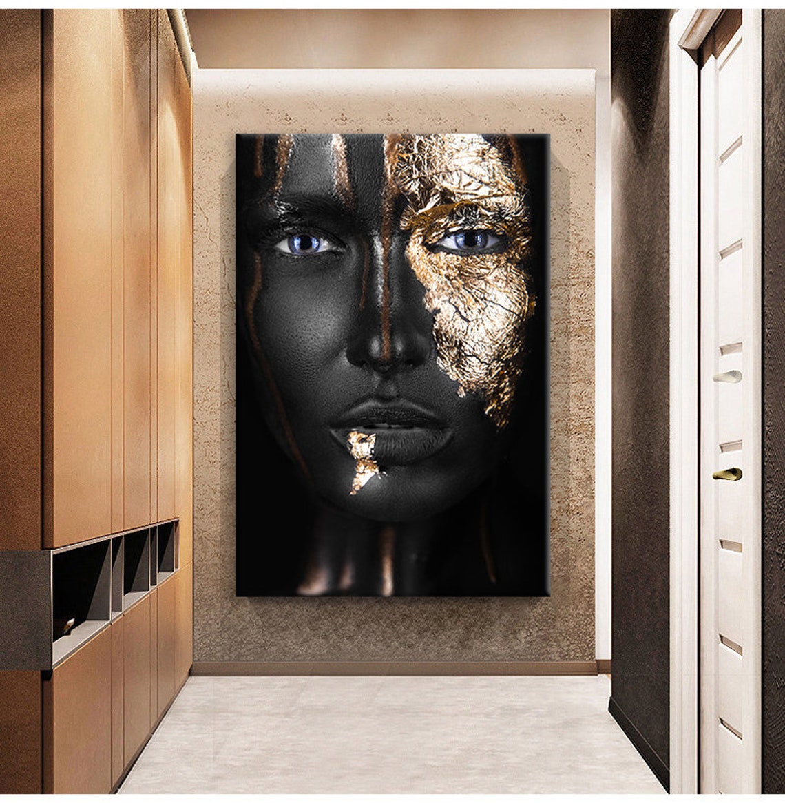 Black And Gold Leaf Woman Face Portrait Striking Modern Art Poster - Image 2