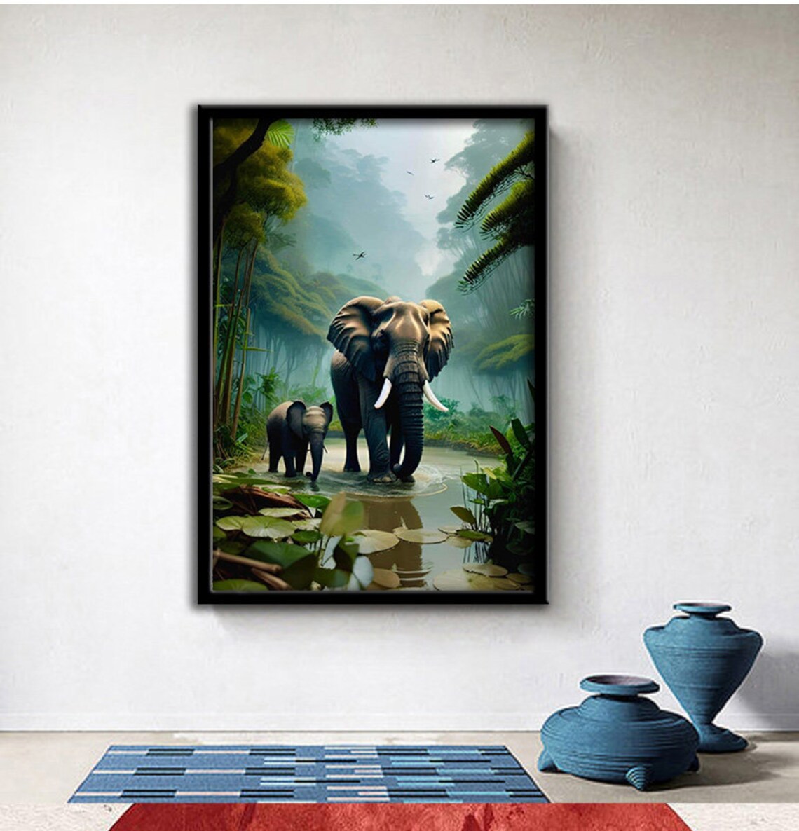 Mother And Baby Elephant In Misty Jungle River Wildlife Art Poster - Image 2