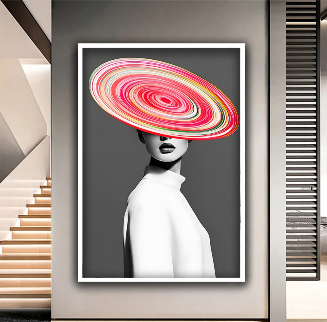 Fashion Woman With Colorful Spiral Rainbow Hat Black White Chic Poster - Image 3