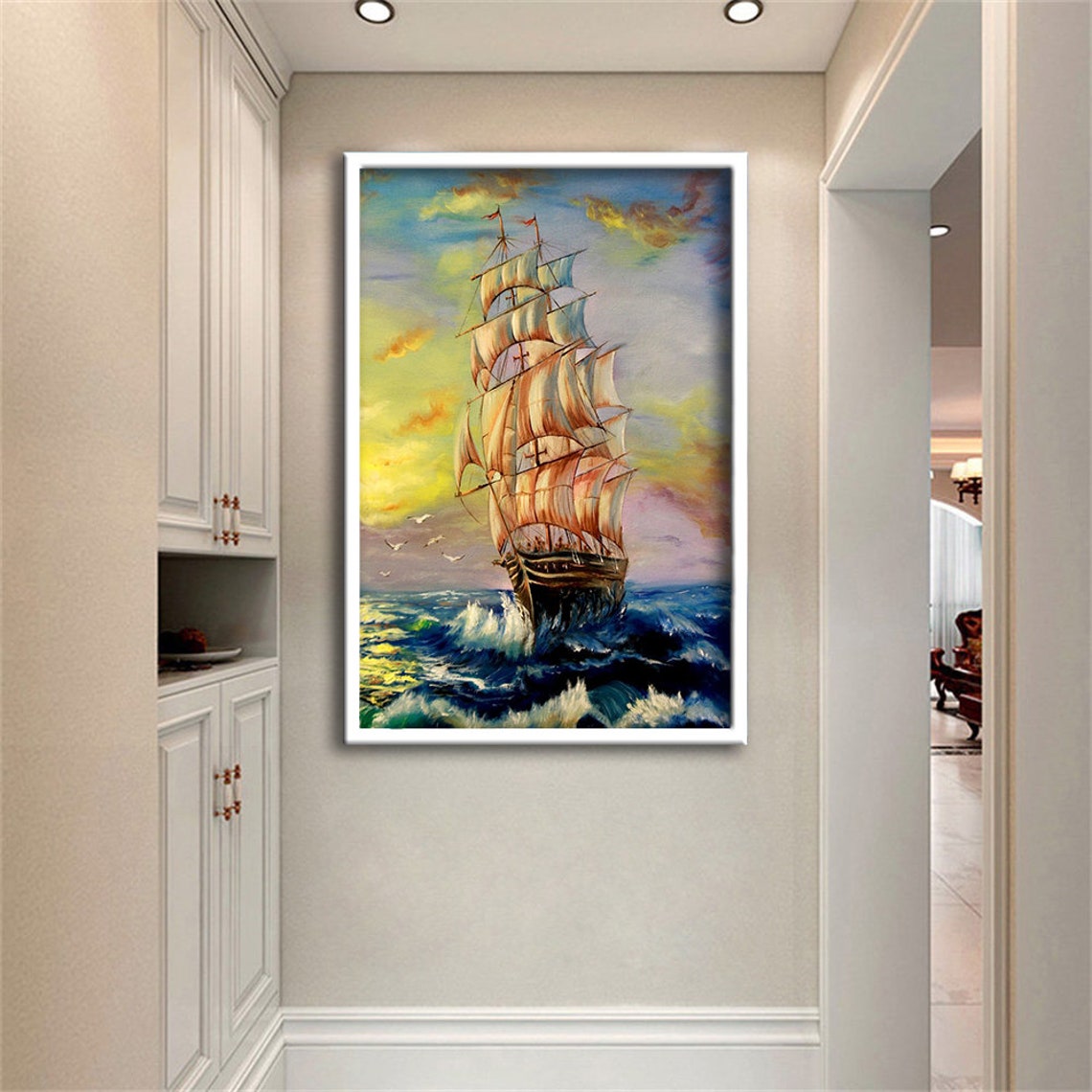 Tall Ship White Sails Sunset Seagulls Ocean Voyage Art Poster - Image 2