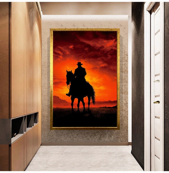 Sunset And Cowboy Print Wall Painting Wall Art Ready To Hang Painting Gift Print Home Decorative