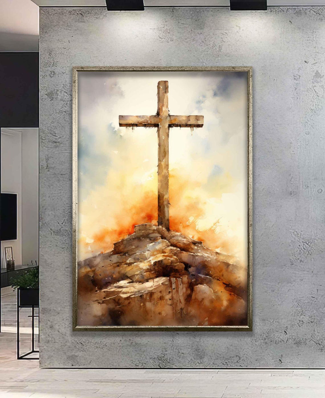 Wooden Cross on Rocky Hill Golden Sunset Watercolor Christian Poster - Image 2