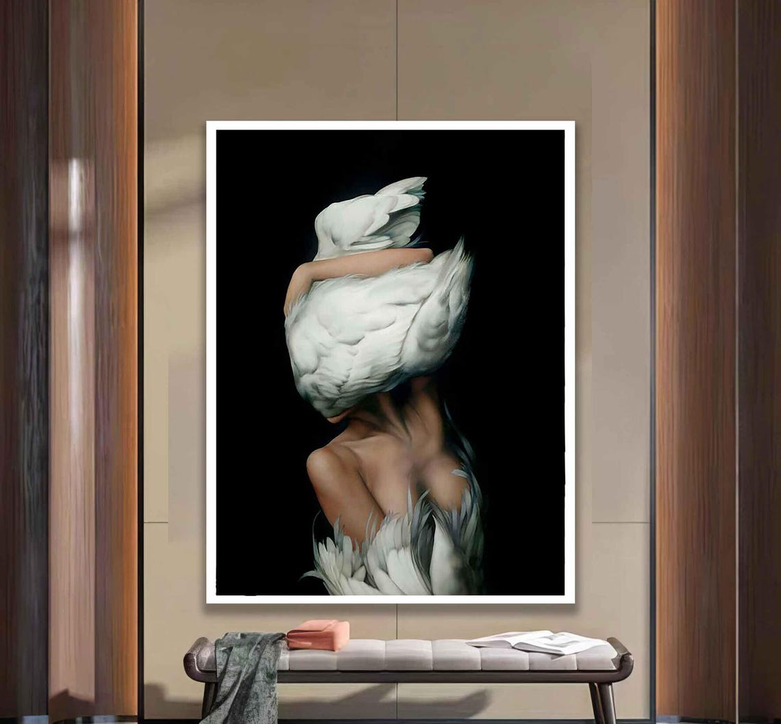 Woman With White Swan Painting Surreal Feathers Dream Art Wall Poster