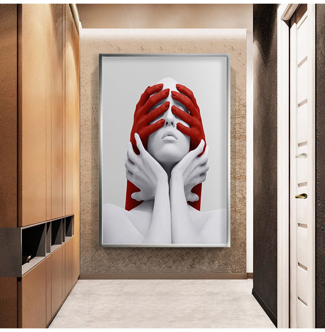 White Woman Face With Red Hands Over Eyes Surreal Red White Art Poster - Image 2