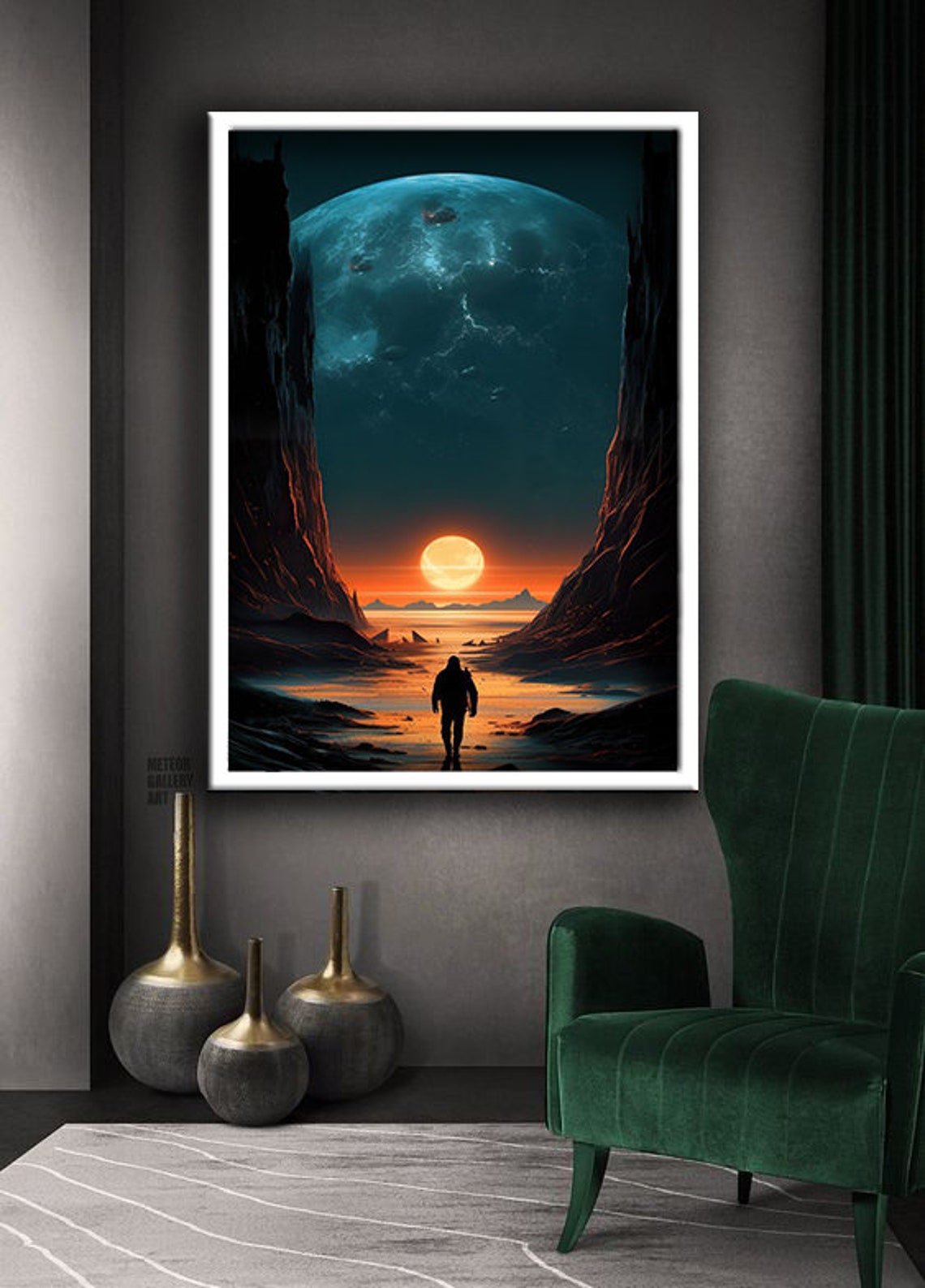 Lone Man Canyon Giant Planet Surreal Orange Sunset Space Art Poster - Image 4