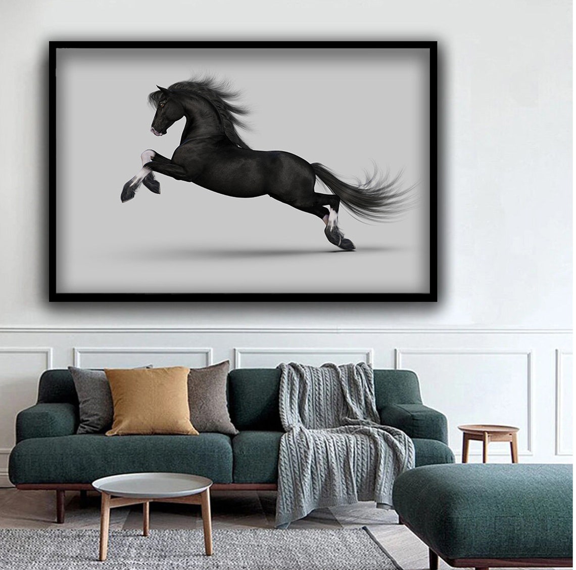 Noble Black Horse Prancing White Background Elegant Animal Wall Art - Image 4