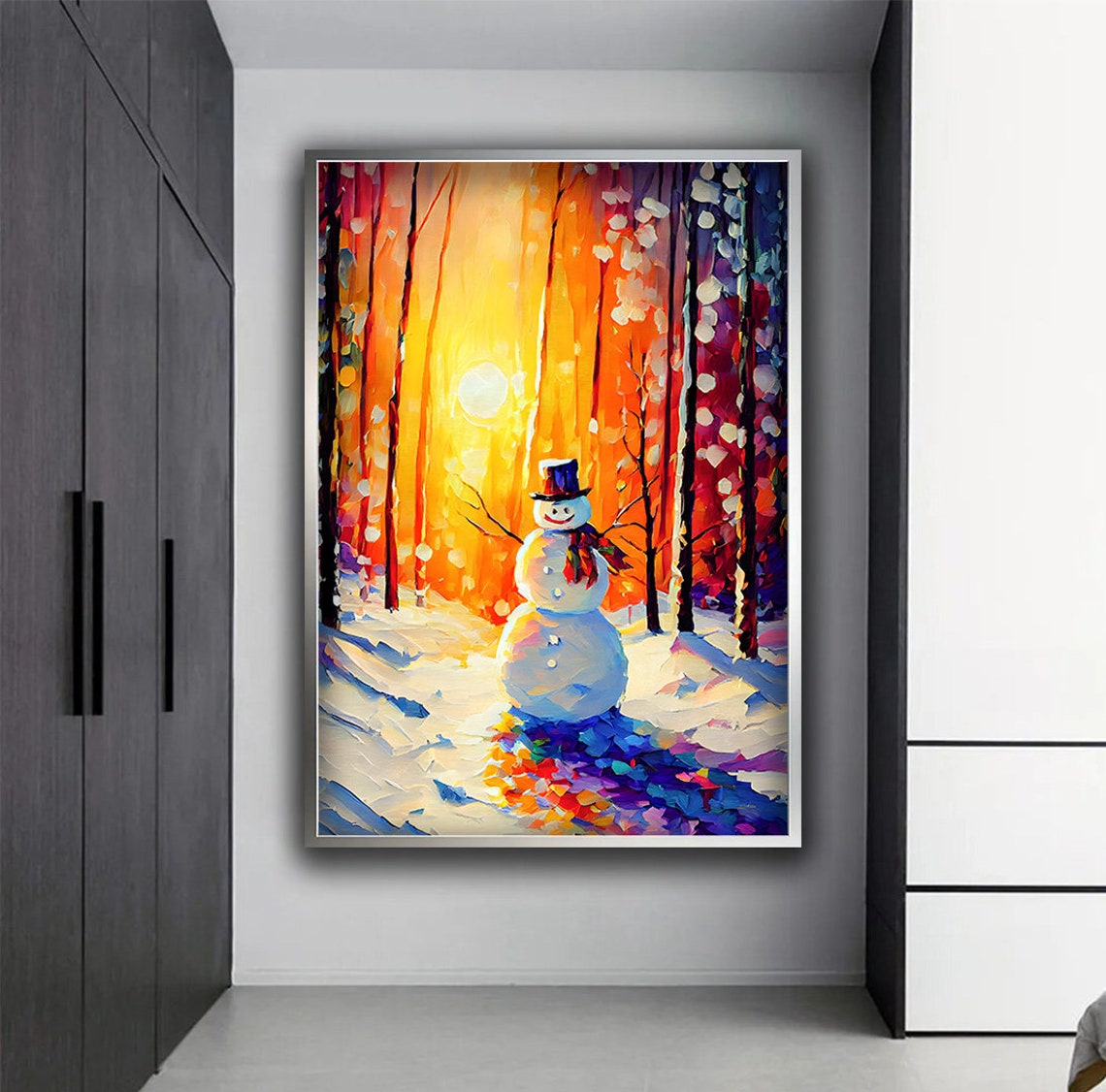 Cheerful Snowman In Snowy Forest Golden Sunset Winter Painting Poster - Image 4